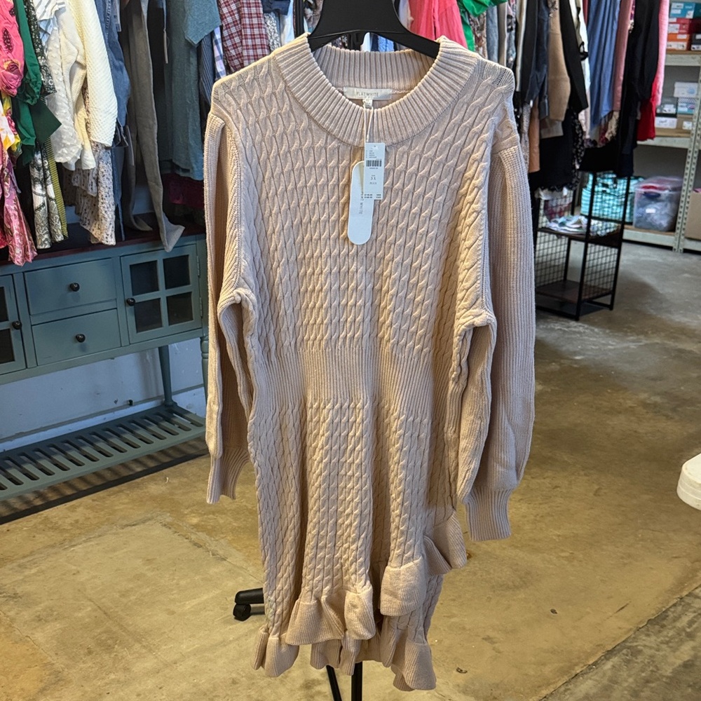 Long Sleeve Cable Knit Dress - Cream